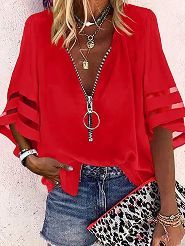 V-neck Zipper Casual Solid Color Mid-sleeve Loose Chiffon Blouse - Oasisjoy.com 