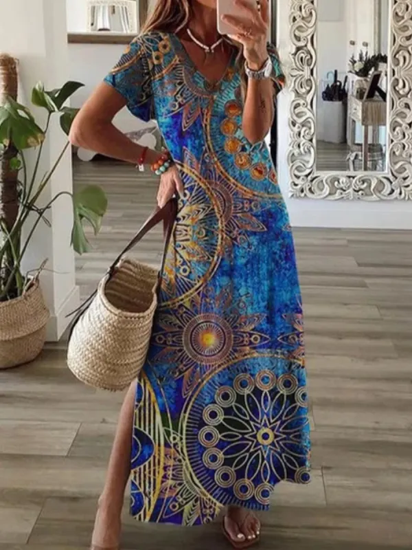 Loose Casual Abstract Print V-Neck Short Sleeve Maxi Dress - Oasisjoy.com 