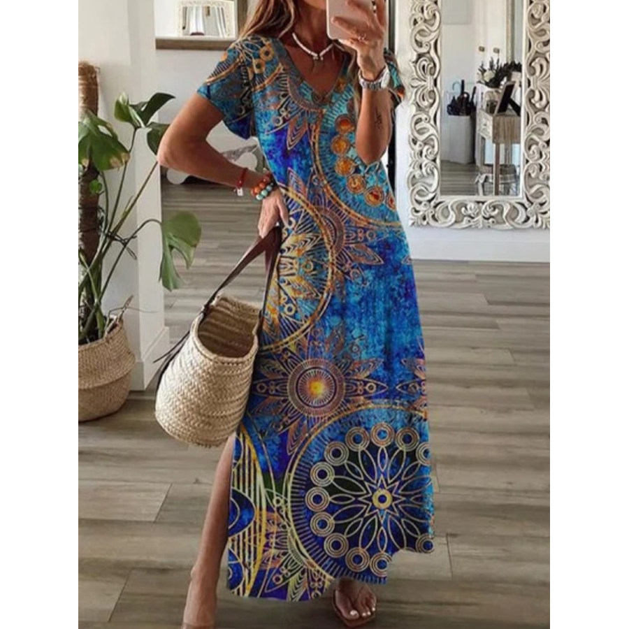 

Loose Casual Abstract Print V-Neck Short Sleeve Maxi Dress