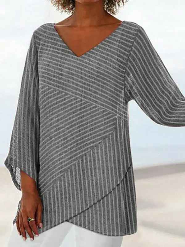 V-neck Casual Loose Striped Print Long Sleeve Blouse - Oasisjoy.com 