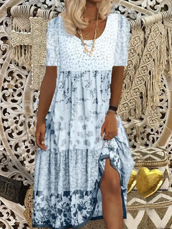 Casual Floral Print Short Sleeve Crew Neck Midi Dress - Oasisjoy.com 