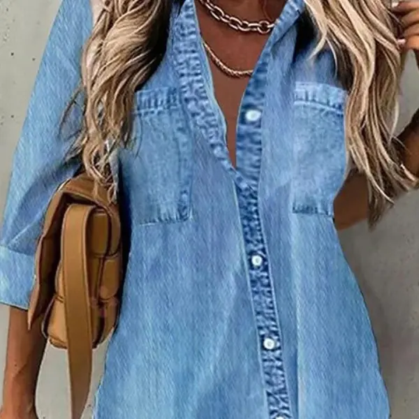 Casual Loose Solid Denim Blue Long Sleeve Blouse - Kalesafe.com 