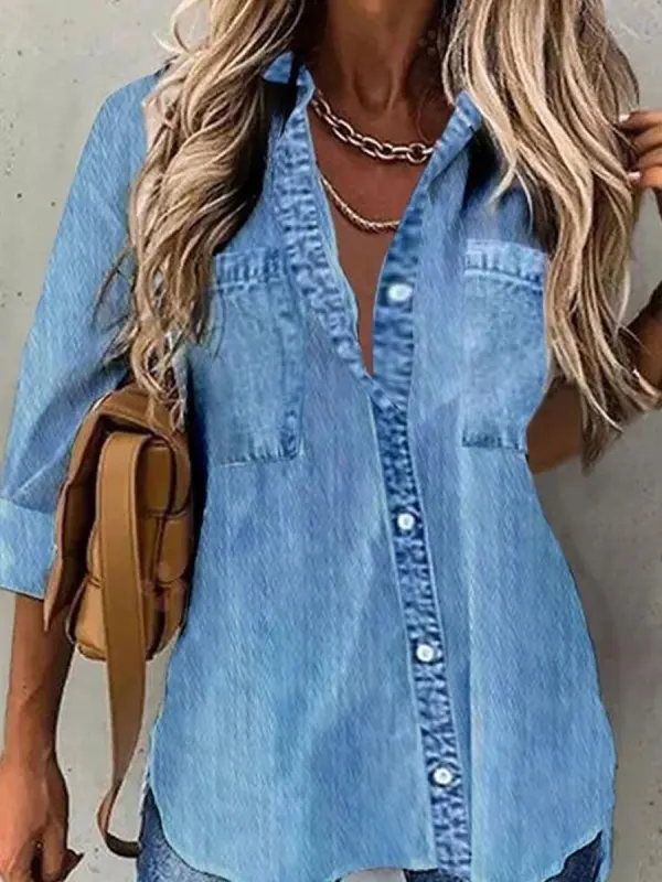 Casual Loose Solid Denim Blue Long Sleeve Blouse - Oasisjoy.com 