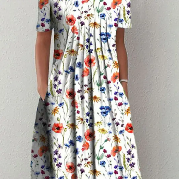Round Neck Casual Loose Floral Print Short Sleeve Midi Dress - Elementnice.com 