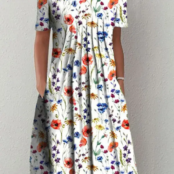 Round Neck Casual Loose Floral Print Short Sleeve Midi Dress - Kalesafe.com 