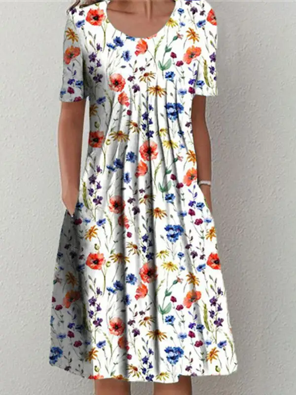 Round Neck Casual Loose Floral Print Short Sleeve Midi Dress - Oasisjoy.com 