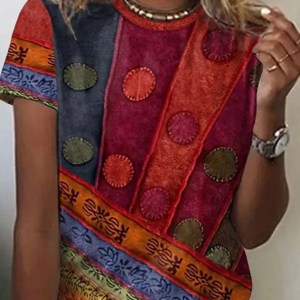 Casual Vintage Geometric Print Crew Neck Short Sleeve T-Shirt - Kalesafe.com 