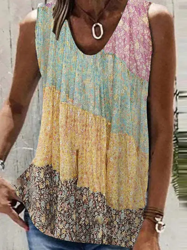 V-neck Casual Loose Floral Print Sleeveless T-shirt - Oasisjoy.com 