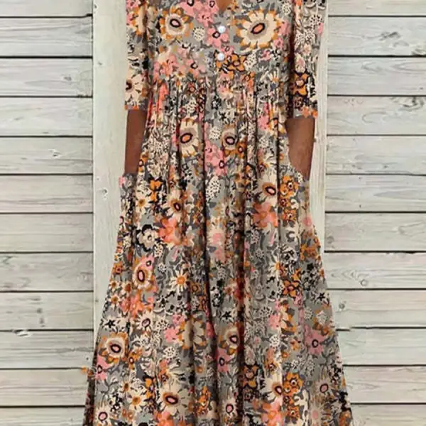 V-neck Casual Loose Floral Print Summer Short Sleeve Midi Dress - Rabclub.com 