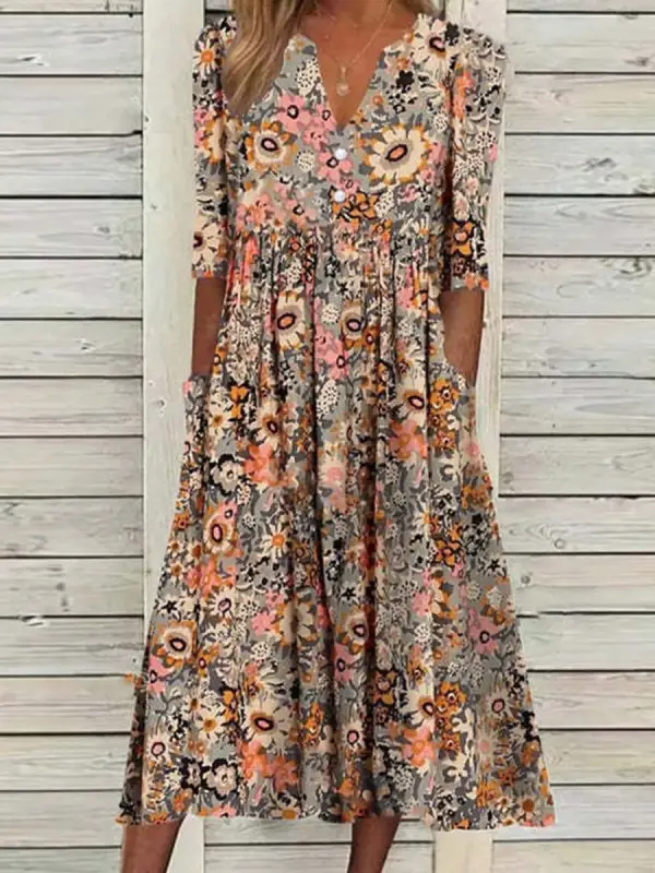 V-neck Casual Loose Floral Print Summer Short Sleeve Midi Dress - Oasisjoy.com 