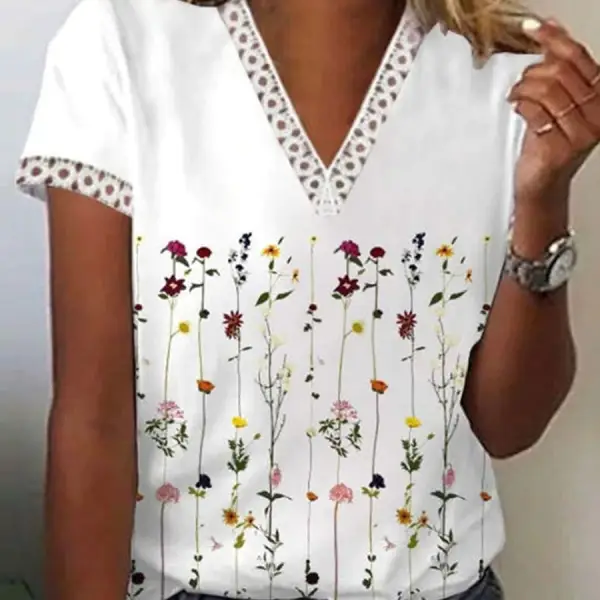 V-neck Cutout Loose Casual Floral Print Short Sleeve T-shirt - Cotosen.com 