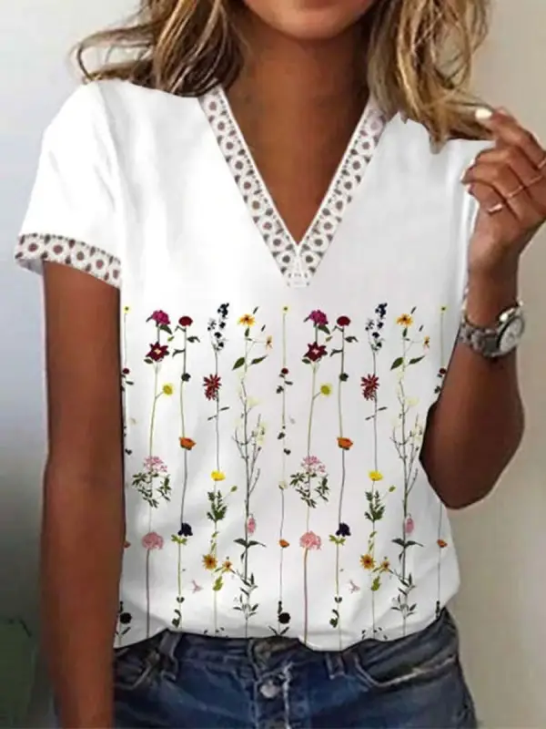 V-neck Cutout Loose Casual Floral Print Short Sleeve T-shirt - Pragmaace.com 