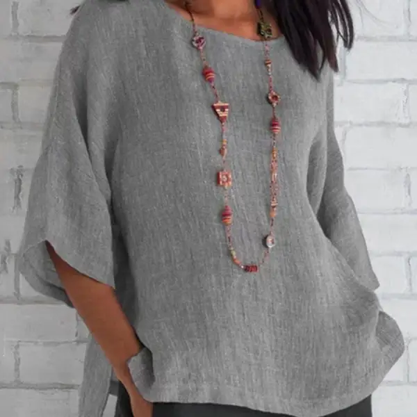 Round Neck Casual Loose Solid Color Mid-sleeve Blouse - Cotosen.com 