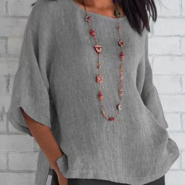 Round Neck Casual Loose Solid Color Mid-sleeve Blouse - Rabclub.com 