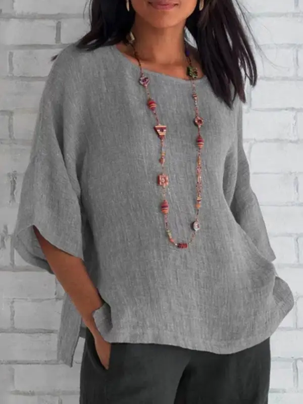 Round Neck Casual Loose Solid Color Mid-sleeve Blouse - Wantbright.com 