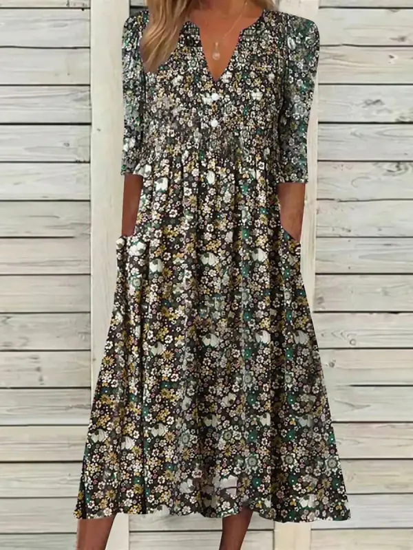 V-neck Casual Loose Floral Print Summer Short Sleev Midi Dress - Oasisjoy.com 