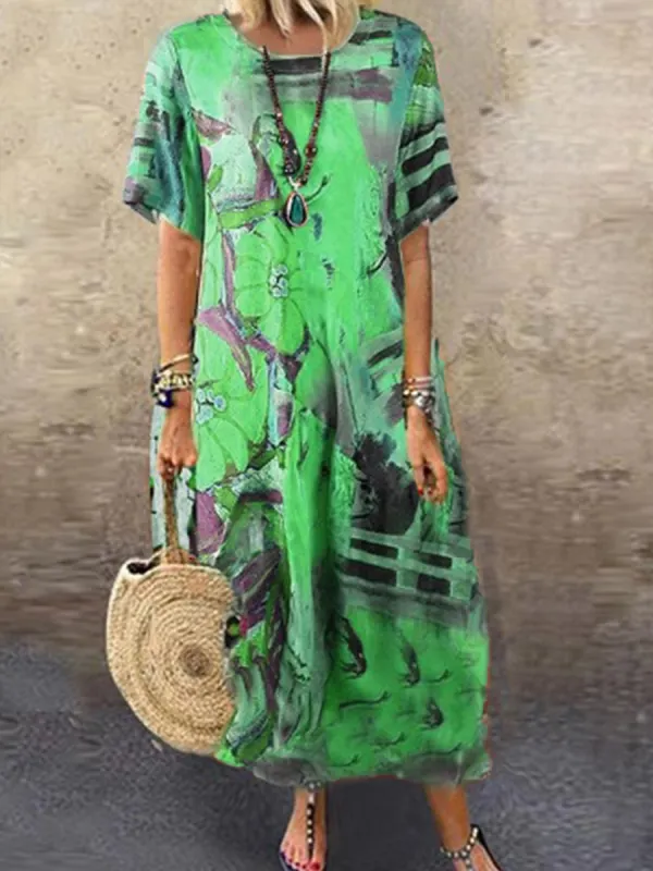 Loose Vintage Print Crew Neck Short Sleeve Maxi Dress - Oasisjoy.com 