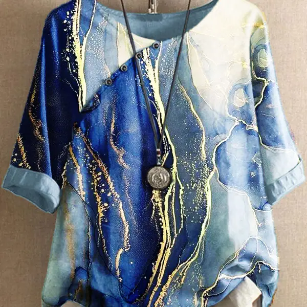 Round Neck Casual Loose Marble Print Short Sleeve Blouse - Menzfolk.com 