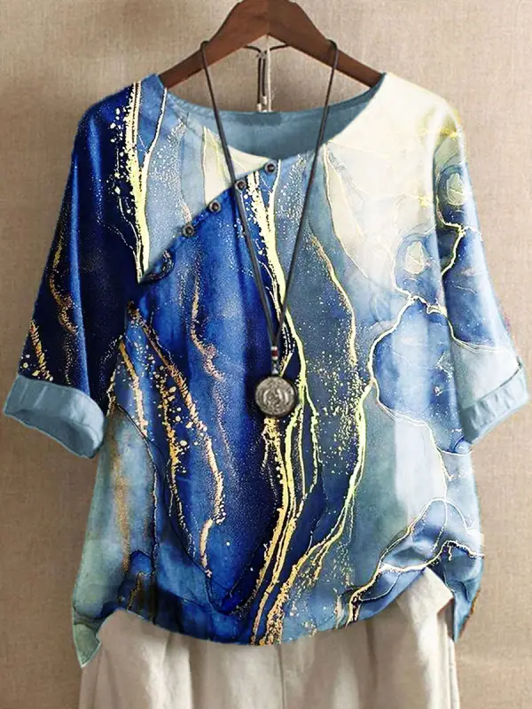 Round Neck Casual Loose Marble Print Short Sleeve Blouse - Menwyx.com 
