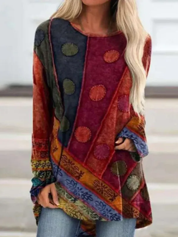 Casual Vintage Ethnic Print Crew Neck Long Sleeve T-Shirt - Oasisjoy.com 