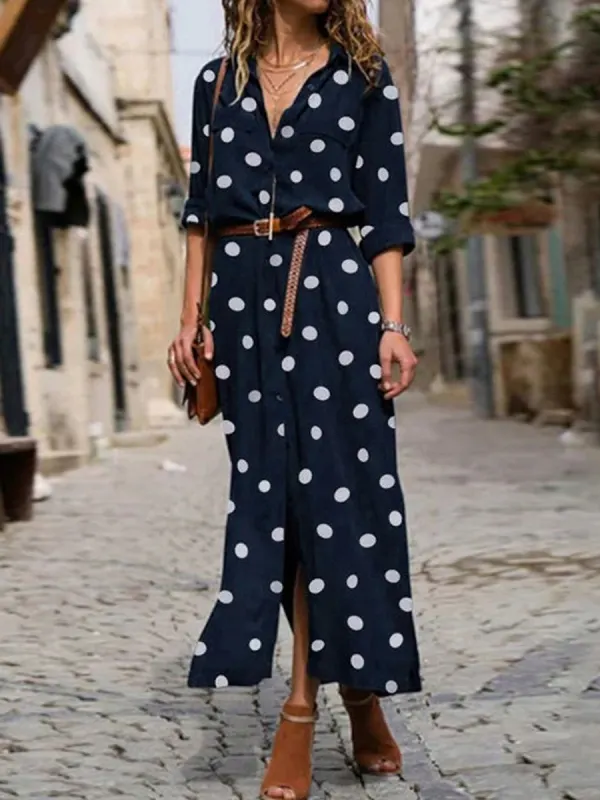 Casual Fashion Polka Dot Print Lapel Long Sleeve Maxi Dress - Realyiyishop.com 