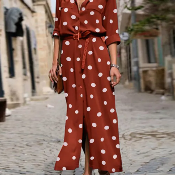 Casual Fashion Polka Dot Print Lapel Long Sleeve Maxi Dress - Elementnice.com 