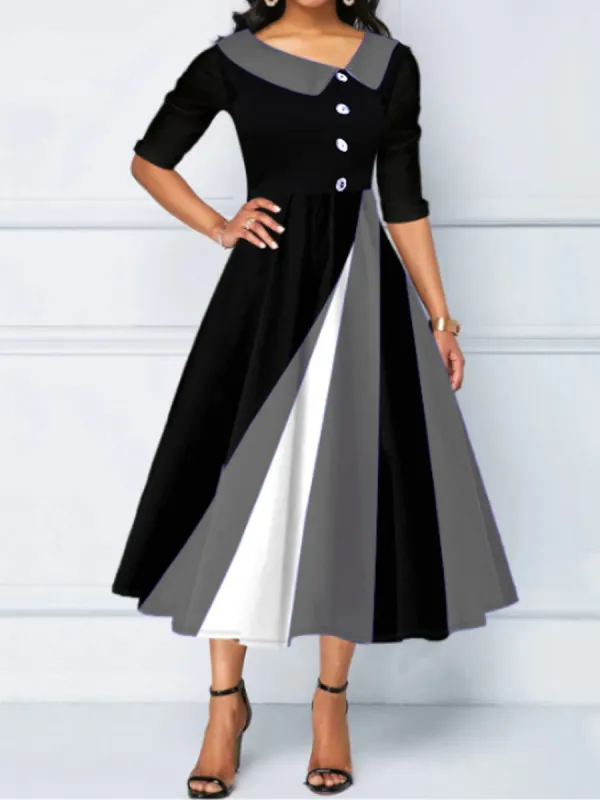 Casual Geometric Panel Button V-Neck Long Sleeve Midi Dress - Minicousa.com 