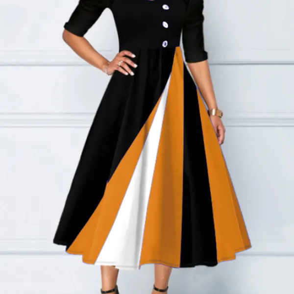 Casual Geometric Panel Button V-Neck Long Sleeve Midi Dress - Elementnice.com 