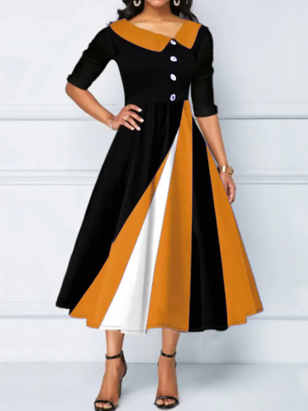Casual Geometric Panel Button V-Neck Long Sleeve Midi Dress - Pragmaace.com 