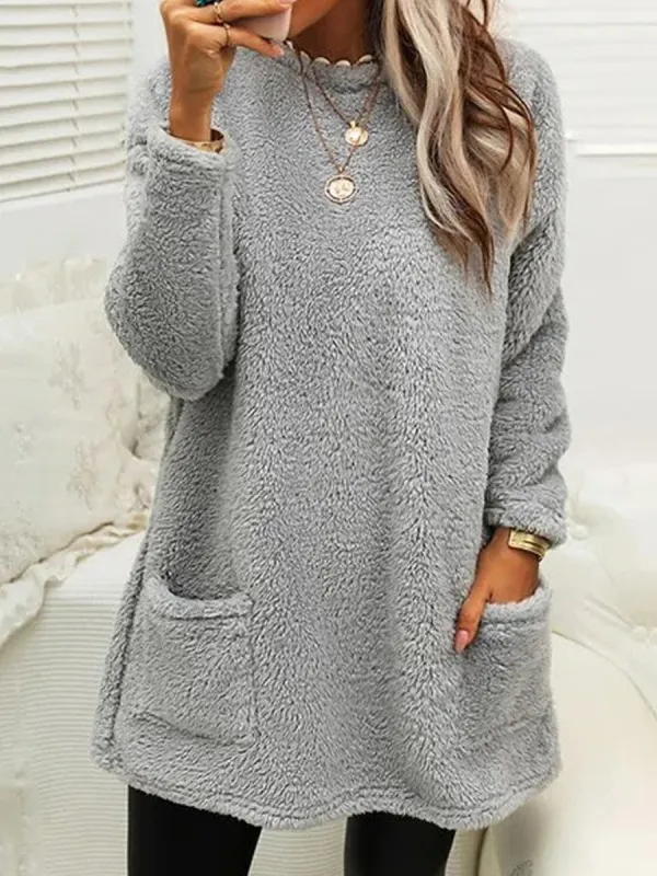 Casual Loose Solid Color Plush Long Sleeve Sweatshirt - Pragmaace.com 
