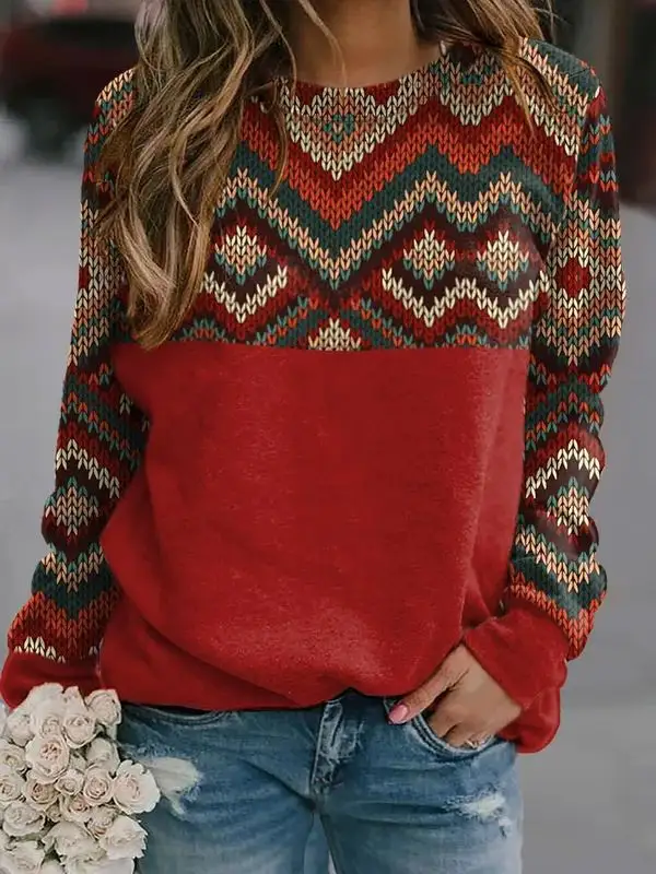 Round Neck Casual Loose Vintage Geometric Print Sweatshirt - Pragmaace.com 