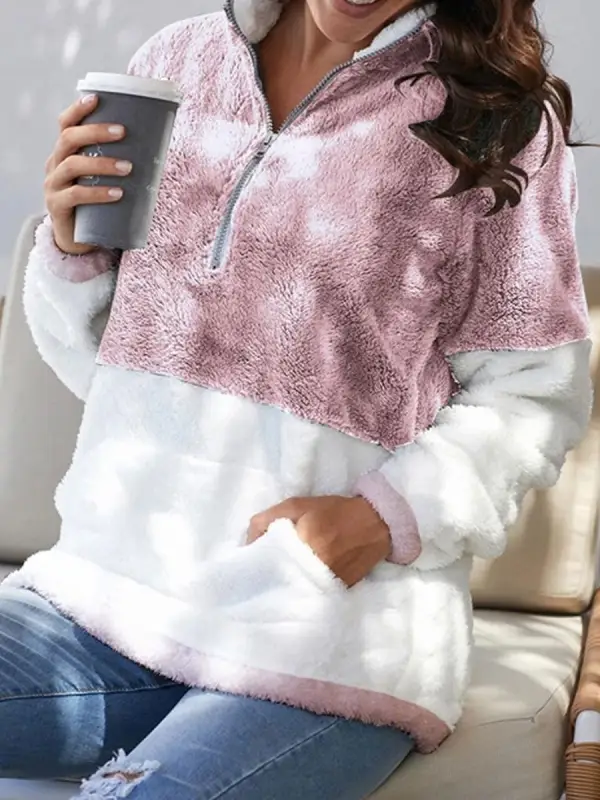 Casual Loose Colorblock Cozy Plush Zip Coat - Pragmaace.com 