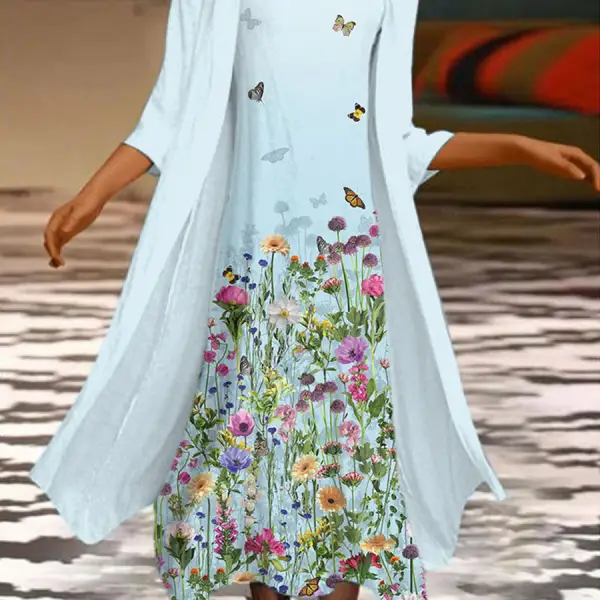 Round Neck Loose Floral Print Resort Sets Maxi Dress - Elementnice.com 