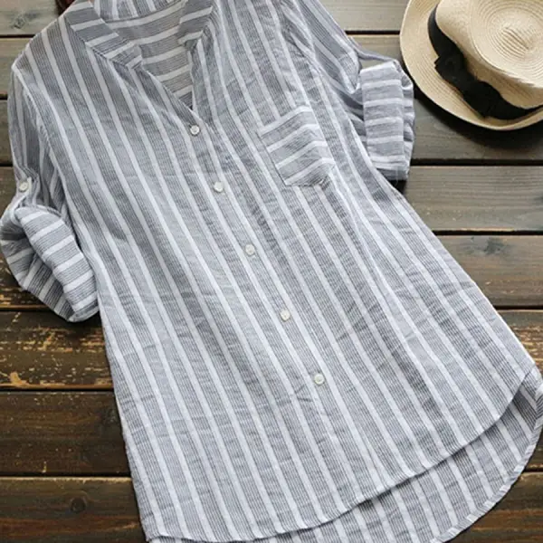 Casual Loose Striped Printed Short-sleeved Blouse - Elementnice.com 