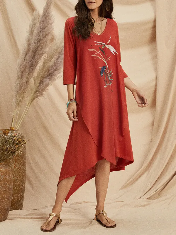 Women Dragonfly Printed V-neck Asymmetrical Hem Dress - Hoplady.chimpone.com 