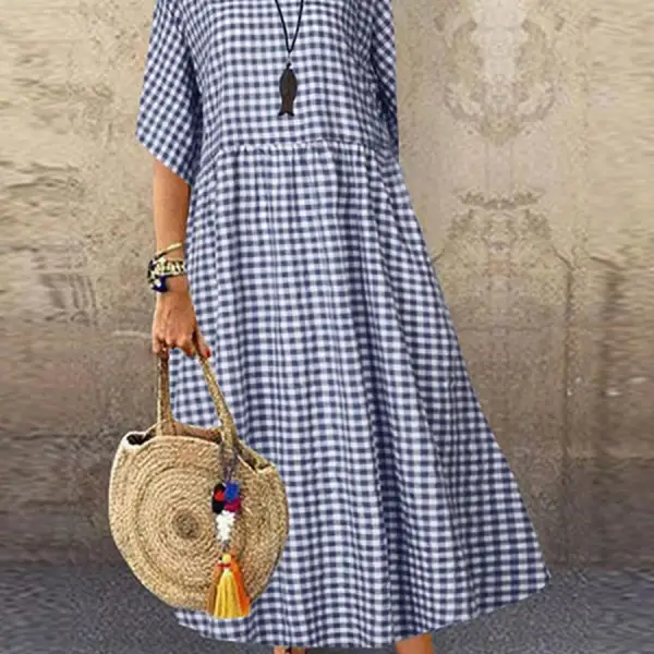 Plaid Casual Short-sleeved Round Neck Maxi Dress Only $29.89 - Wayrates.com 