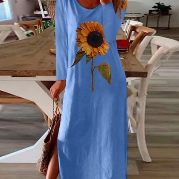 Sunflower Plant Printed Side Slit Long Sleeve Dress - Kalesafe.com 
