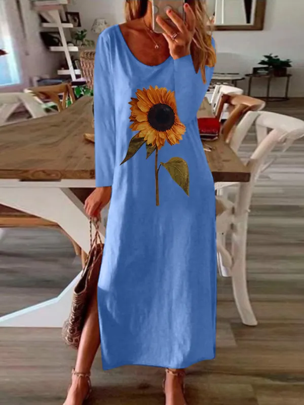 Sunflower Plant Printed Side Slit Long Sleeve Dress - Oasisjoy.com 