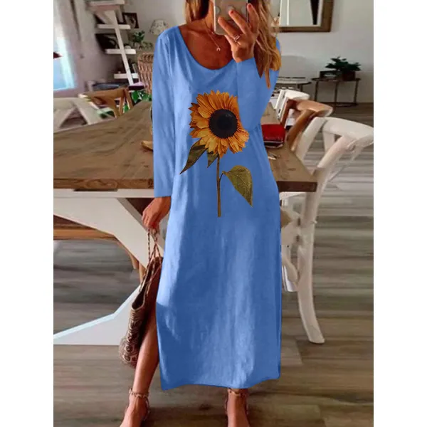 Sunflower Plant Printed Side Slit Long Sleeve Dress - Honeylop.chimpone.com 