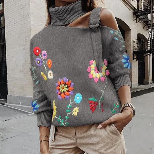 Sexy Shoulder Out Flower High Neck Sweater - Leanarea.chimpone.com 