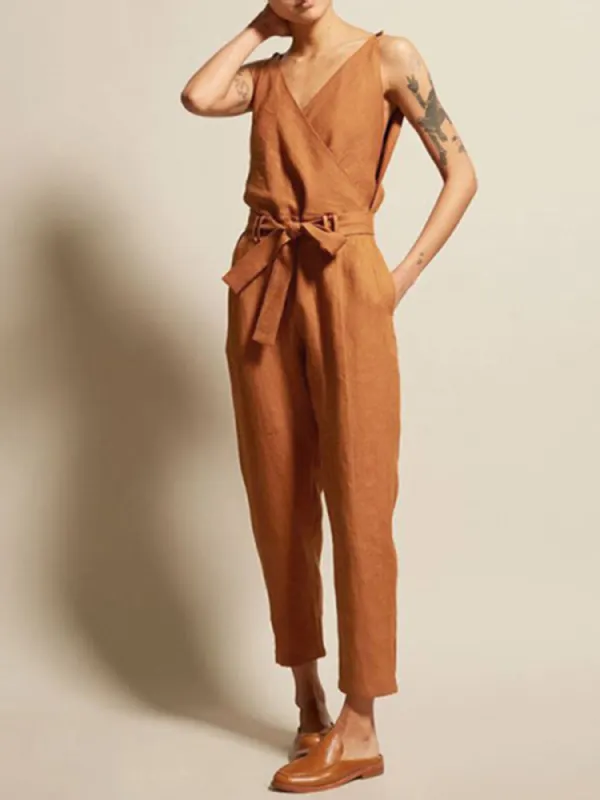 Women's Classic V Neck Belted Jumpsuit - Cominbuy.com 