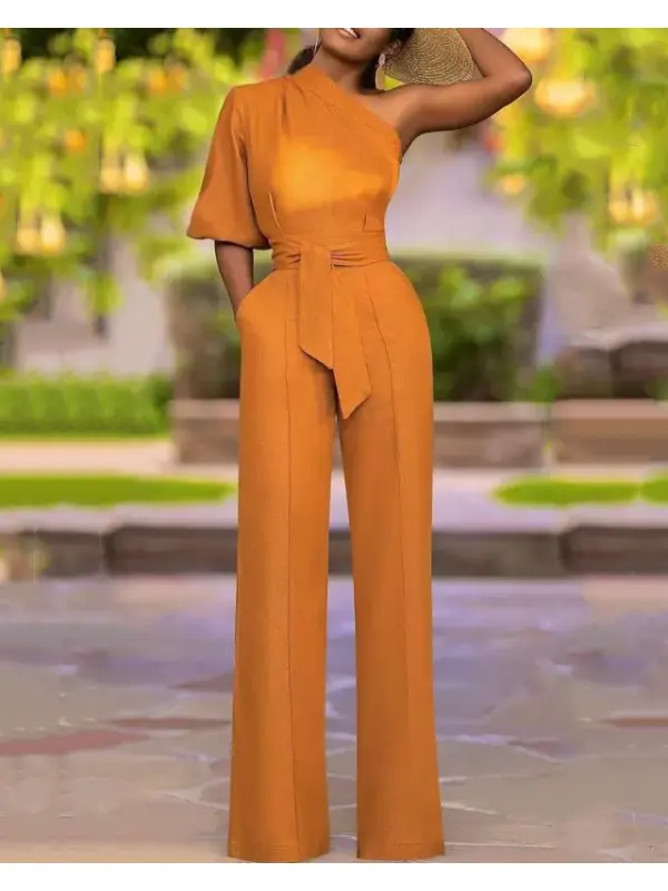 Women's Oblique Shoulder Design High-waist Straight-leg Jumpsuit - Cominbuy.com 