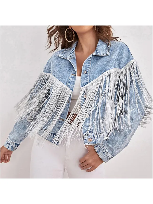 Women's Fashion Tassel Lapel Fried Flower Denim Jacket - Realyiyishop.com 