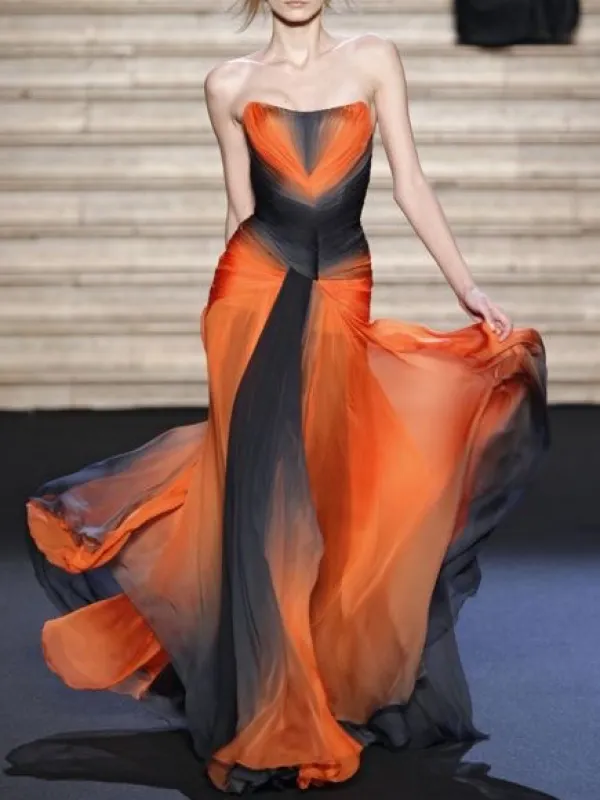 Orange Chiffon Gradient Bandeau Dress - Realyiyi.com 