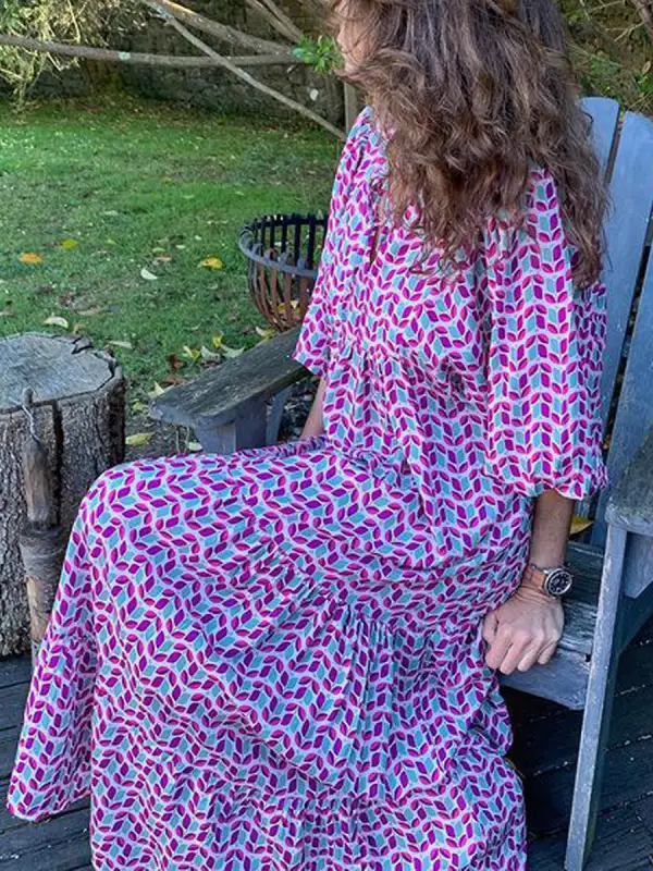 V-neck Casual Loose Printed Long Sleeve Maxi Dress - Cominbuy.com 