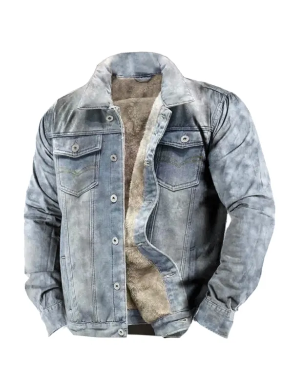 Men's Outdoor Vintage Denim Fleece Cargo Jacket - Realyiyi.com 