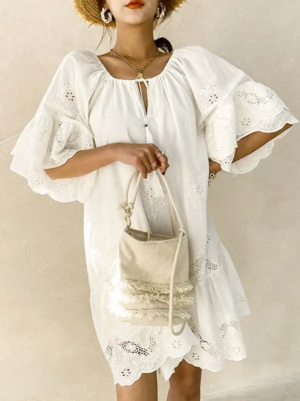 Short Skirt Temperament Loose White Lace Pullover Dress - Realyiyi.com 