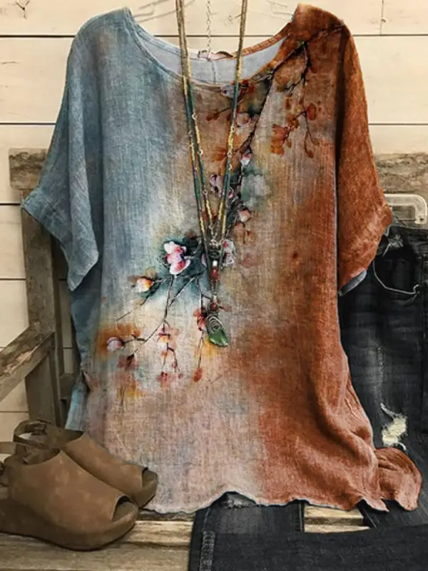Round Neck Casual Loose Floral Print Short Sleeve Blouse - Simplyion.com 