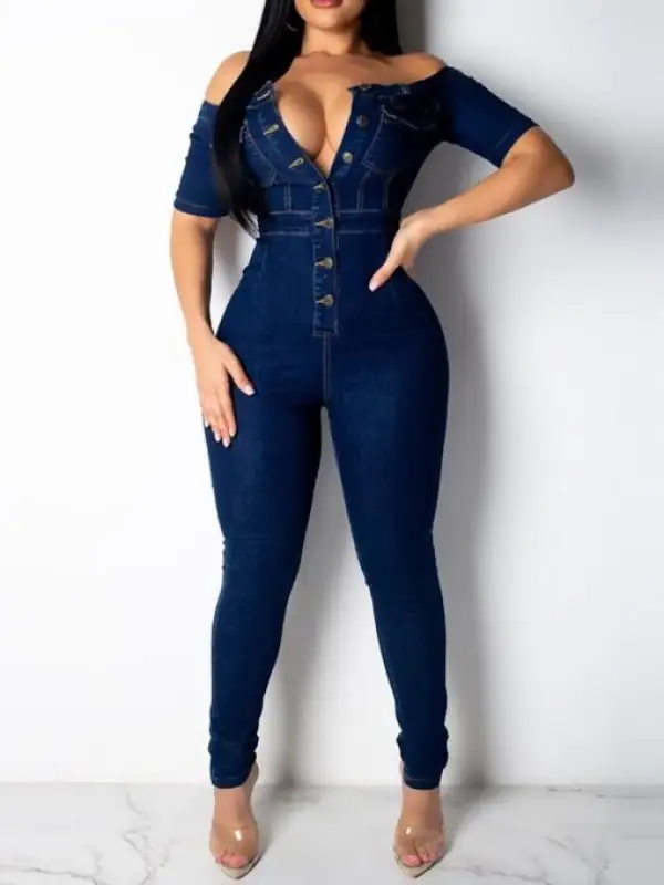 Women's Fashionable Sexy One Shoulder Button Open High Waist Denim Jumpsuit - Cominbuy.com 