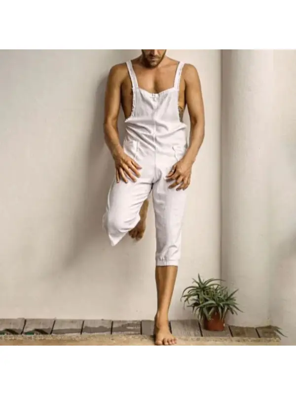 Men's Sleeveless Linen Jumpsuit - Machoup.com 